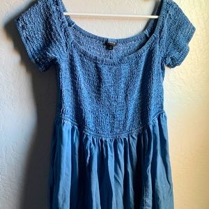 TORRID | BLUE CHAMBRAY OFF-SHOULDER SMOCKED SKATER DRESS WITH POCKETS, SIZE 1